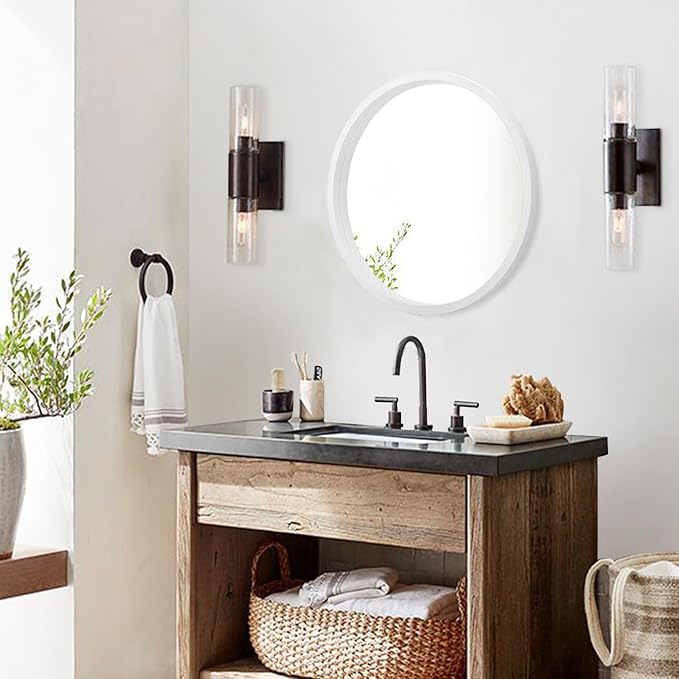 JJUUYOU Round White Wall Mirror Small Circular Mirror for Bathroom Vanity Mirror Wall Circle for Wall Wood Frame Make up Mirror for Entryway Living Room, Bedroom, Dorm Decorative
