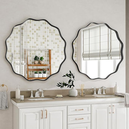 Round Wavy Mirror, 24 Inch Metal Frame Circle Mirror, Round Wall Mounted for Entryway, Bathroom, Vanity, Living Room, Black