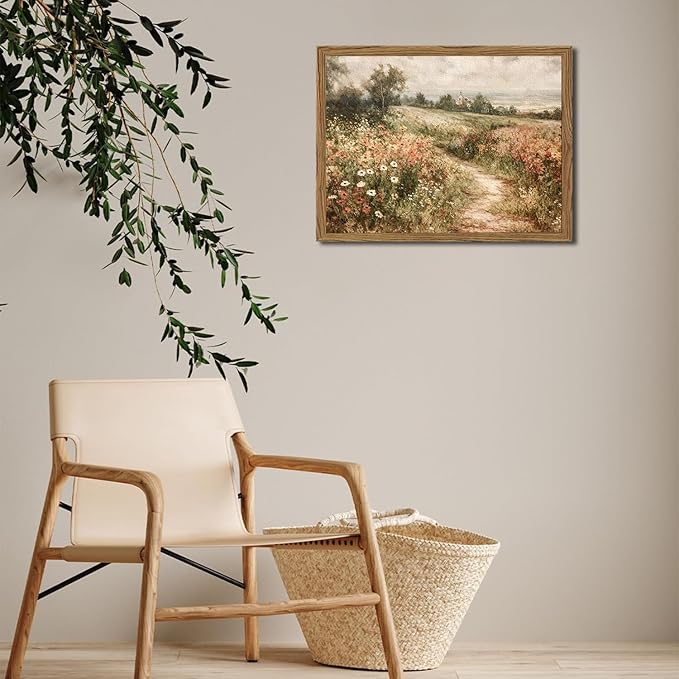 Vintage Floral Wall Art Nature Country Wildflower Wall Decor Painting Modern Botanical Flower Farmhouse Landscape Artwork 3D Textured Sandstone for Living Room Bedroom 16x24 inch Wood Framed