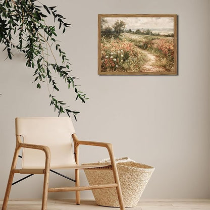 Vintage Floral Wall Art Nature Country Wildflower Wall Decor Painting Modern Botanical Flower Farmhouse Landscape Artwork 3D Textured Sandstone for Living Room Bedroom 16x24 inch Wood Framed