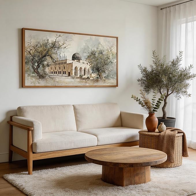 CHDITB Jerusalem Palestine Al Aqsa Mosque with Olive Trees Wall Art Framed, Neutral Modern Middle Eastern Arabic Muslim Gift Canvas Artwork, Large Vintage Islamic Masjid Architecture Painting Decor for Living Room Office (40"L x 20"W)