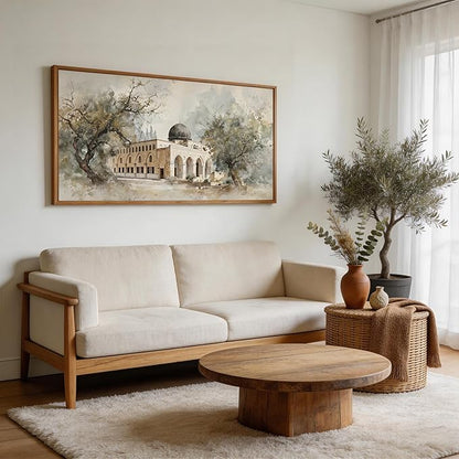CHDITB Jerusalem Palestine Al Aqsa Mosque with Olive Trees Wall Art Framed, Neutral Modern Middle Eastern Arabic Muslim Gift Canvas Artwork, Large Vintage Islamic Masjid Architecture Painting Decor for Living Room Office (40"L x 20"W)