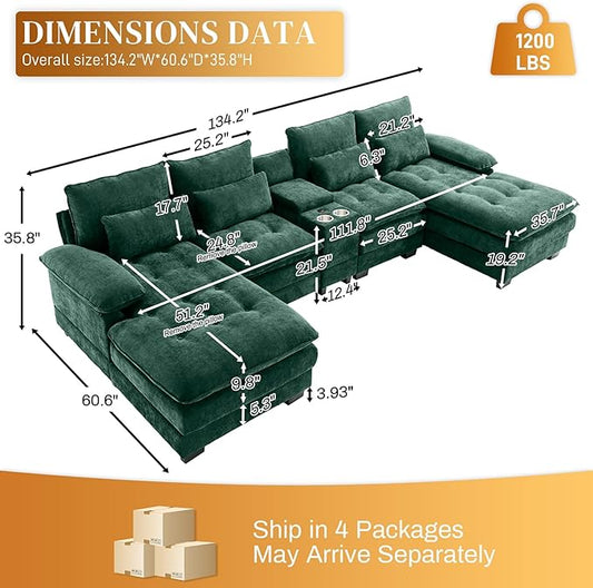 134"U Shaped Sectional Couches for Living Room,Oversized Modular Sectional Fluffy Couch with Chaise Lounge & Tufted Buttons,Modern Chenille 6 Seat Living Room Sofa Set with Storage Console,Green