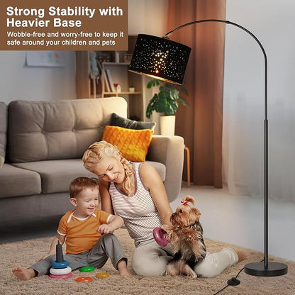 Modern Arc Floor Lamp, Tall Pole Lamp with Black Stars Lampshade, Arched Reading Light with Adjustable Lamp Head, Over Couch Hanging Light Corner Lamp for Living Room, Bedroom, Office, Black