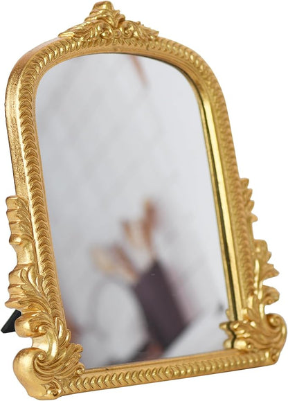 Vintage Gold Arched Mirror for Vanity with Resin Frame -Small Size (9.5 x 11.6 inch) Standing Mirror for Living Room, Bedroom, Tabletop