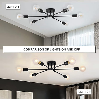 6-Light Sputnik Chandeliers, Black Modern Semi Flush Mount Ceiling Light with E26 Base, Mid Century Industrial Vintage Kitchen Farmhouse Light Fixtures for Dining Room Bedroom Living Room