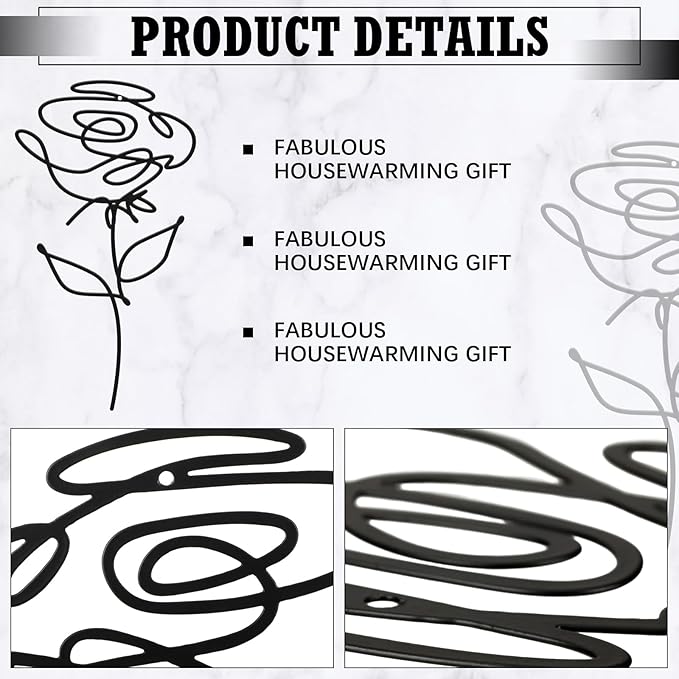 Ferraycle 3 Set of Metal Flower Wall Decor 9.84 x 5.91 Inch Mother's Day Metal Wall Ornament Art Black Minimalist Wire Signs for Bedroom Patio Balcony Bathroom Office Restaurant Shop Presents Gifts