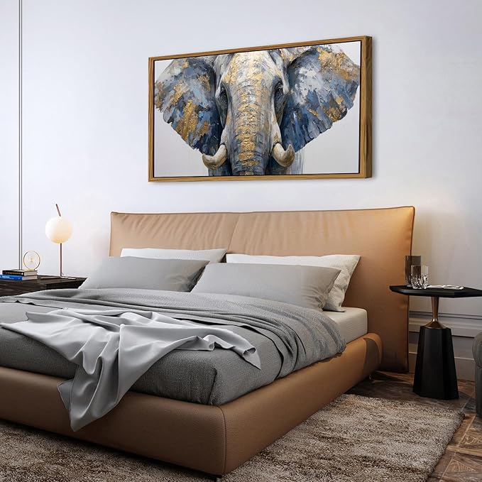 Elephant Animal Wall Art Bedroom Wall Decor African Wildlife Picture Canvas Wooden Framed Abstract Golden Painting Animals Portrait Poster Prints Artwork for Kitchen Living Room Home Decoration 30x57.8"