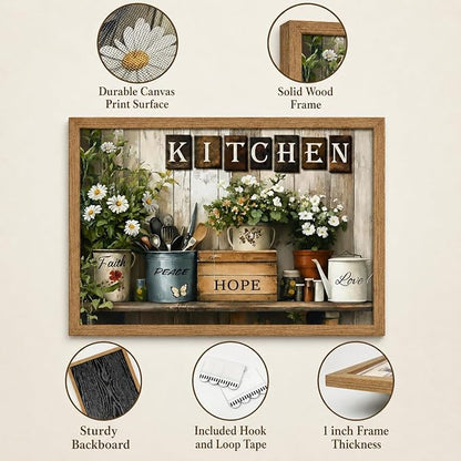 Framed Rustic Kitchen Wall Art Inspirational Kitchen Painting Picture Decor Country Daisy Poster Print Artwork for Restaurant Home Decoration