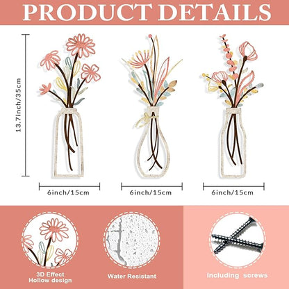 Pigort 3 Pieces Metal Flowers Wall Arts - Rustic Farmhouse Style Décor Metal Wall Art Black Minimalist Flower Natural Themed Wall Decors for Home Bedroom Dining Room Housewarming (Pink Beige)