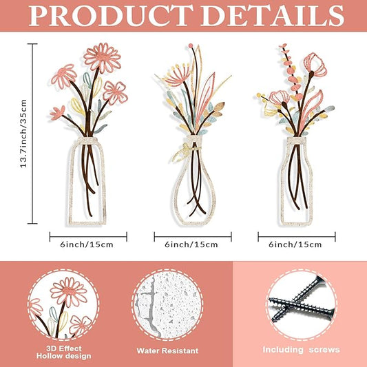 Pigort 3 Pieces Metal Flowers Wall Arts - Rustic Farmhouse Style Décor Metal Wall Art Black Minimalist Flower Natural Themed Wall Decors for Home Bedroom Dining Room Housewarming (Pink Beige)