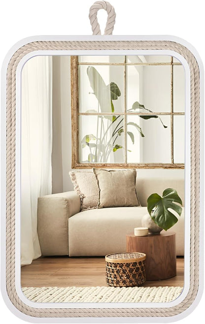 Nautical Rope Mirror Rectangle Wooden 22''Lx16''W White Decorative Mirror Farmhouse Hanging for Bathroom,Livingroom,Entryway-Beachy Coastal Wall Mirror Decor