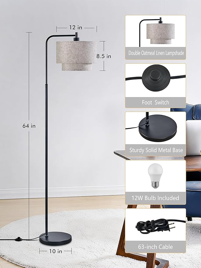 64" Modern Floor Lamp for Living Room Bedroom, Floor Lamp with 3 Color Temperatures, Standing Lamp with Double Oatmeal Linen Lampshade, Tall Lamp with A19 12W LED Bulb, Foot Switch Control, Black
