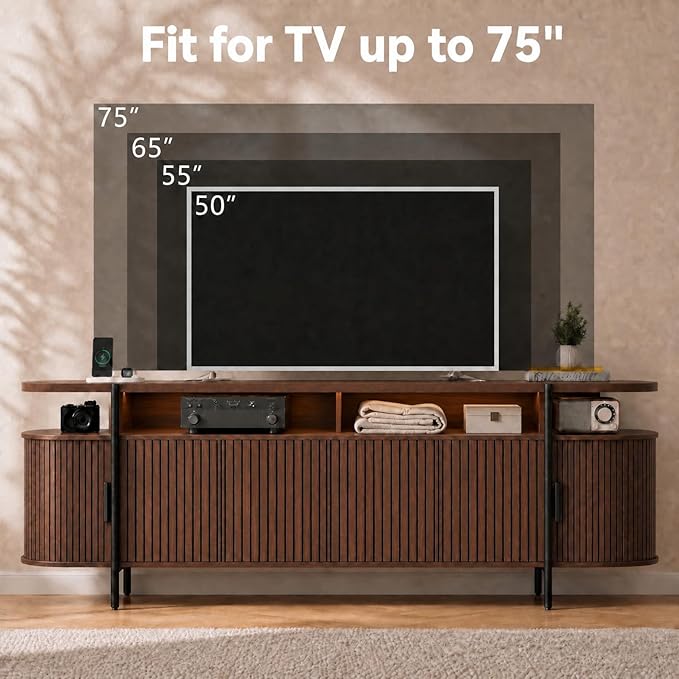 69" Mid Century Modern TV Stand, Curved Entertainment Center with LED Light & Power Outlet, Fluted Wood TV Stand for TVs up to 80'',Media TV Console Table with Sliding Doors for Living Room, Walnut