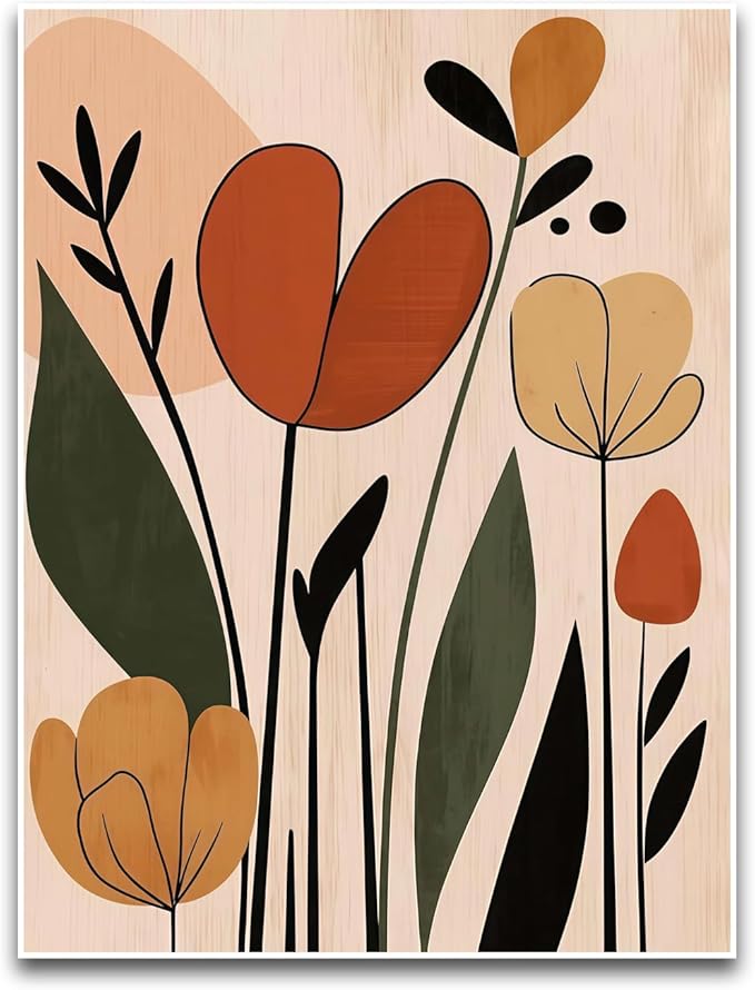 ZHBJSM Boho Floral Wall Art Modern Abstract Tulip Flower Print in Terracotta Sage Green Neutral Tones Minimalist Botanical Decor for Living Room Bedroom Kitchen 12x16 Inch Unframed