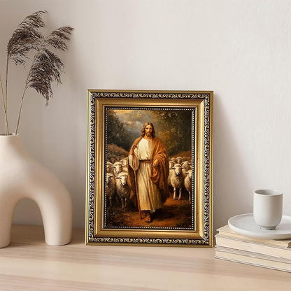WZGZXU Vintage Gold Framed Wall Art Jesus Wall Decor Christian Canvas Art Jesus Sheep Pictures Religious Painting Print For Living Room Bedroom Church 8x10in