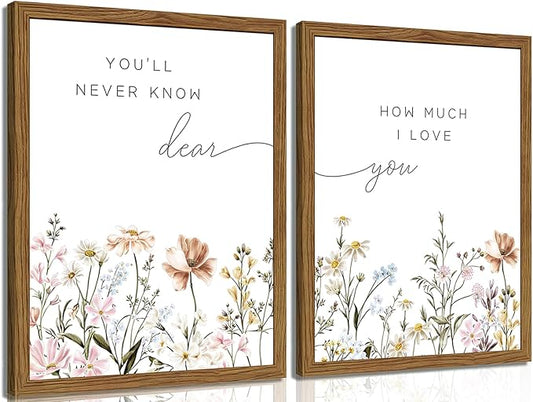 Wood Framed Wildflower Nursery Wall Art Set of 2, Boho Flower Botanical Wall Decor Paintings, Baby Girl Nurseries Pictures Posters Prints for Nursery Baby Room Bedroom Home Decoration 16x24 Inch