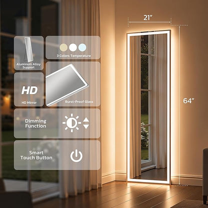 64"x21" Full Length Mirror with LED Lights, Mirrors with Dimming & 3 Color, Full Body Mirrors with Aluminum Alloy Thin Frame for Bedroom, Dressing Room