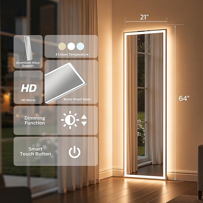 64"x21" Full Length Mirror with LED Lights, Mirrors with Dimming & 3 Color, Full Body Mirrors with Aluminum Alloy Thin Frame for Bedroom, Dressing Room