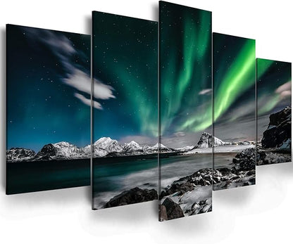 Northern Lights Canvas Print - Aurora Borealis Canvas Wall Art Painting for Living Room Snowy-Mountains-Landscape Poster Picture Wooden Framed Prints Ready to Hang (E-5pcs,80"x40")