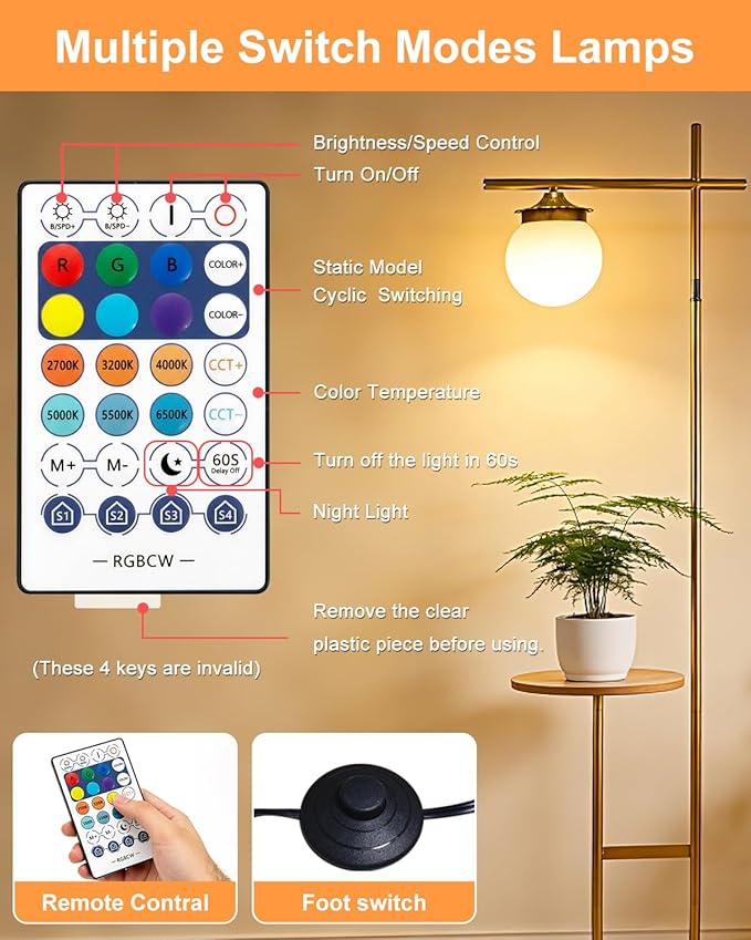 Lightdot RGBCW Floor Lamp for Living Room with Remote, Modern Standing Lamp with Storage Table, Cross-Shaped Lamp Head and U-Pole Base Style for Bedroom, Office, Home Decor, Foot Switch