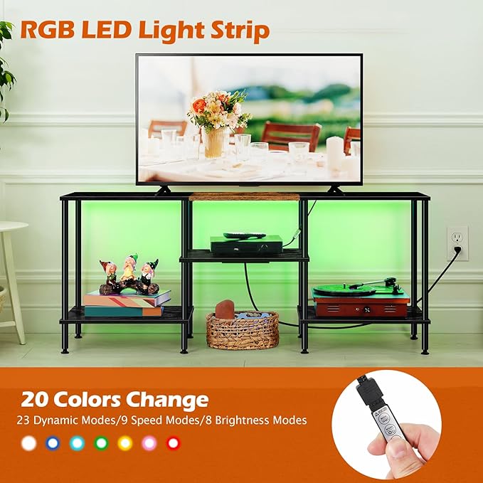 LED TV Stand for Bedroom Black 50 Inch TV Stand with Power Outlet, 3 Tier Small Entertainment Center with Storage Farmhouse TV Media Console Table for 50 43 40 32 Inch TV