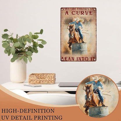 Horse Riding Cowgirl Vintage Metal Sign When Life Throws You A Curve Lean Into It Metal Poster Cowboy Decor Painting Wall Art Home Garage Bars Restaurants Cafes Office 8X12Inch
