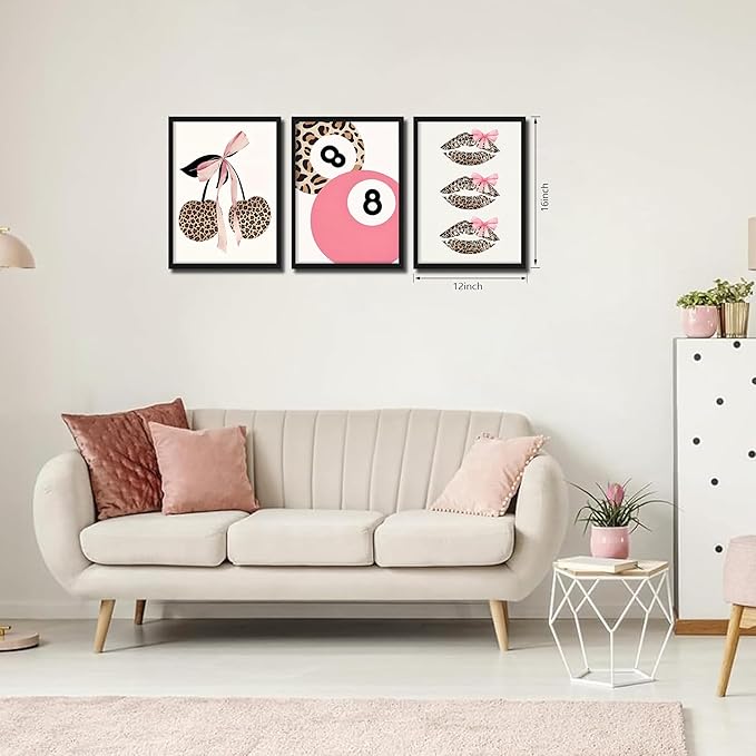 raiqtols Trendy Pink Leopard Bow Wall Art Prints Set of 3 – Funky Cherry and Lucky 8 Ball Posters, Coquette Preppy Aesthetic Pictures for Girls Bedroom Apartment Dorm Room Wall Decor – 12x16in