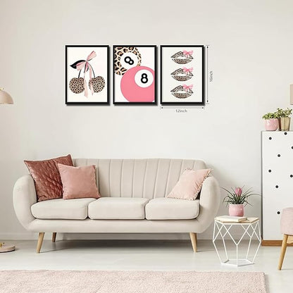 raiqtols Trendy Pink Leopard Bow Wall Art Prints Set of 3 – Funky Cherry and Lucky 8 Ball Posters, Coquette Preppy Aesthetic Pictures for Girls Bedroom Apartment Dorm Room Wall Decor – 12x16in