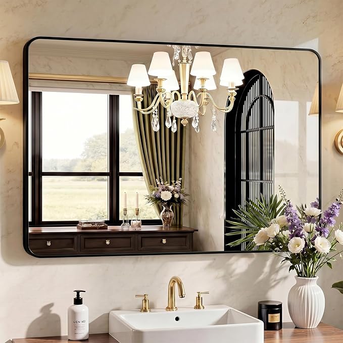 OLIXIS Bathroom Mirror for Over Sink, 48x30 Inch Wall Mount Mirror with Rounded Rectangle and Matte Metal Framed, Modern Wall Vanity Mirror for Home Decor, Living Room, Bedroom, Black