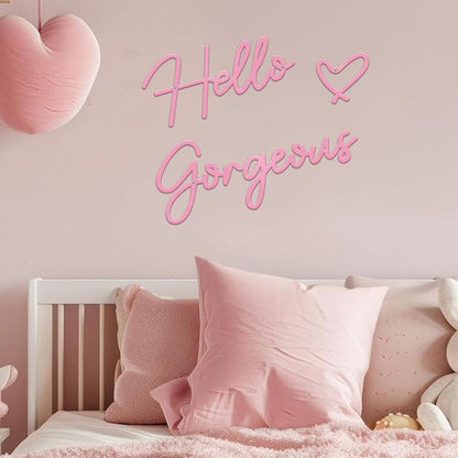 Hello Gorgeous Metal Wall Art Decor Pink Modern Hello Gorgeous Signs Farmhouse Metal Wall Art Hanging Decoration for Home Bathroom Living Room Bedroom Office Hotel Wall Decoration (Pink)