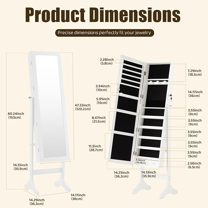 DUMOS Jewelry Armoire Cabinet with Full Length Mirror, 47.3" Jewelry Organizer, Lockable Large Capacity Jewelry Armoire with Drawers, 3 Adjustable Angles, White