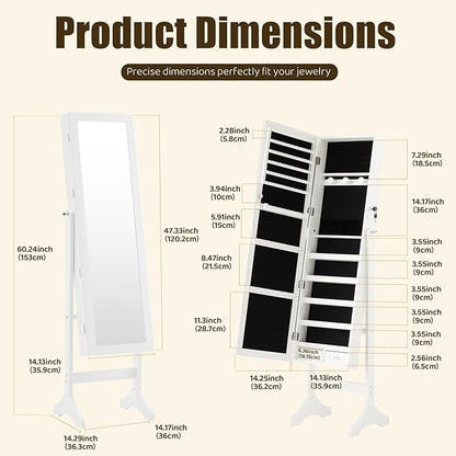 DUMOS Jewelry Armoire Cabinet with Full Length Mirror, 47.3" Jewelry Organizer, Lockable Large Capacity Jewelry Armoire with Drawers, 3 Adjustable Angles, White