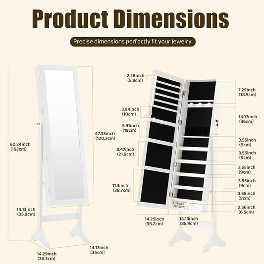 DUMOS Jewelry Armoire Cabinet with Full Length Mirror, 47.3" Jewelry Organizer, Lockable Large Capacity Jewelry Armoire with Drawers, 3 Adjustable Angles, White