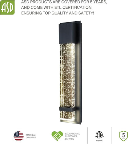 ASD LED 18" Bubble Glass Wall Light Fixture, Outdoor & Indoor Seeded Sconce | 3CCT, Waterproof, Dimmable, ETL Listed | 12W 500LM 3000-5000K 120V | Exterior Lantern, Porch Lighting | Black