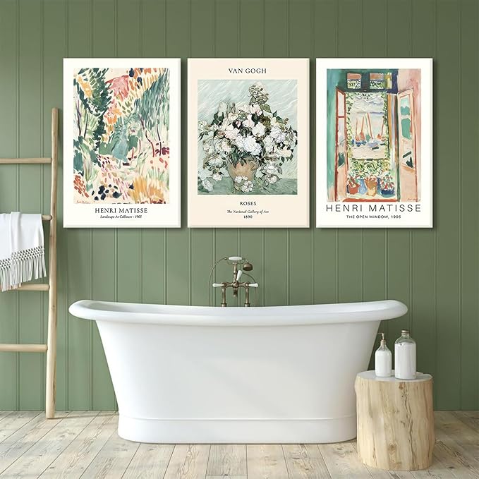 LYPHNX Framed Sage Green Matisse Canvas Wall Art Vintage Abstract Floral Prints Poster Set of 3 Mid Century Aesthetic Flower Artwork Painting Picture Decor for Living Room Bedroom Bathroom 12"x16"