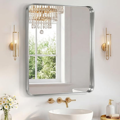 NEWBULIG 30X36 Inch Bathroom Mirror for Over Sink, Wall Vanity Mirrors Tempered Glass, Anti-Rust Metal Framed Rounded Rectangle, Hangs Horizontally or Vertically, Farmhouse Home Decor, Silvery