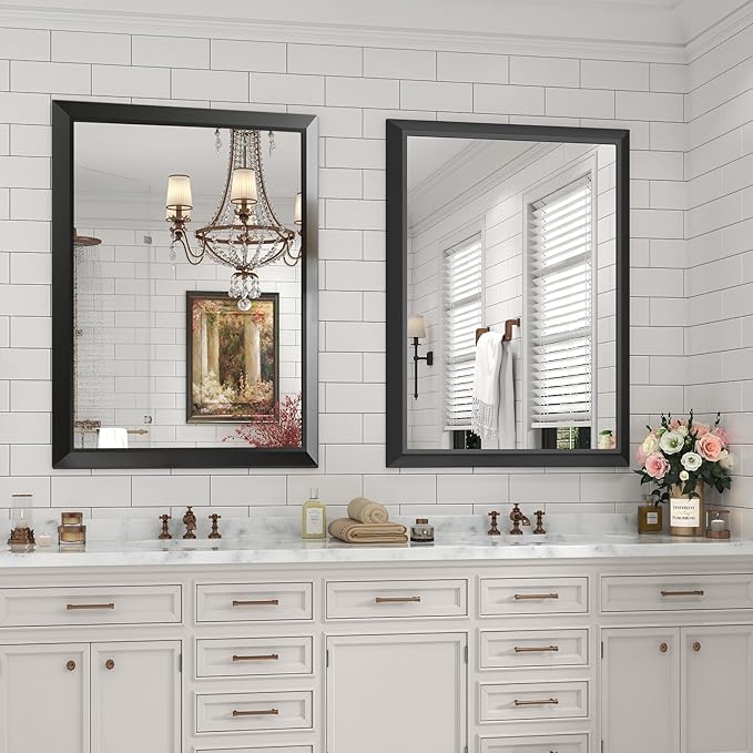 SMIROR Matte Black Bathroom Mirror for Over Sink 36x 30 inch, Metal Thick Frame Rectangle Vanity Mirror for Wall, Anti-Rust, Horizontally or Vertically Mounted
