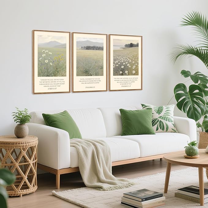 Aurlan Christian Bible Verses Scripture Framed Wall Art(16"x24"), 3PCS Boho Wildflowers Landscape Nature Canvas Artwork, Religious Luke12:27 Psalm46:10 Psalm23:1-2 Jesus Faith Gift Decor for Home Office Bedroom
