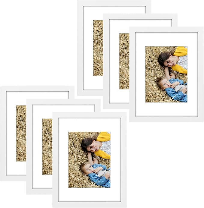 Golden State Art, 8x10 Picture Frame Set of 6 - Matted to 5x7 Photo - Engineered Wood Gallery Frame Set - Wall Mounting or Tabletop Display (White,6 Pack)
