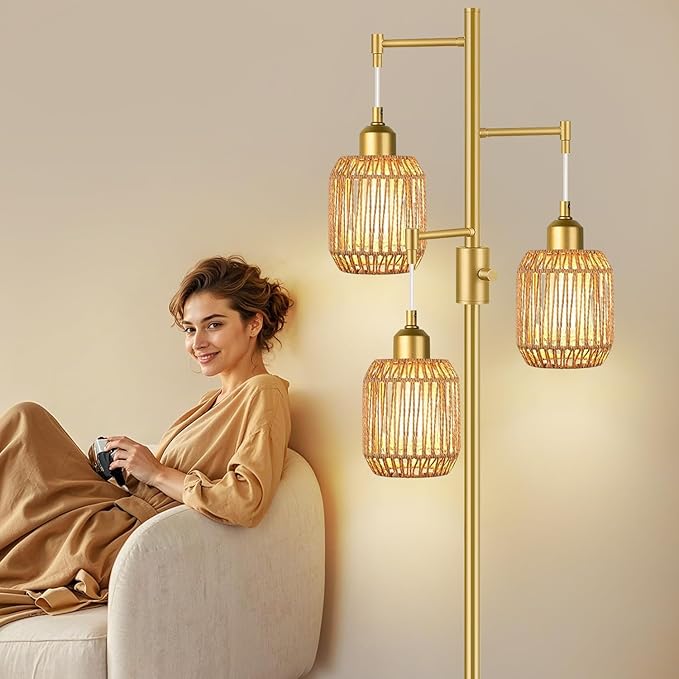 ZECOXOL Boho Floor Lamp for Living Room Bedroom-3 Light Dimmable Floor Lamp with Three Led Bulb, Rustic Tall Lamp Black Standing Lamp Tree Floor Lamps for Living Room
