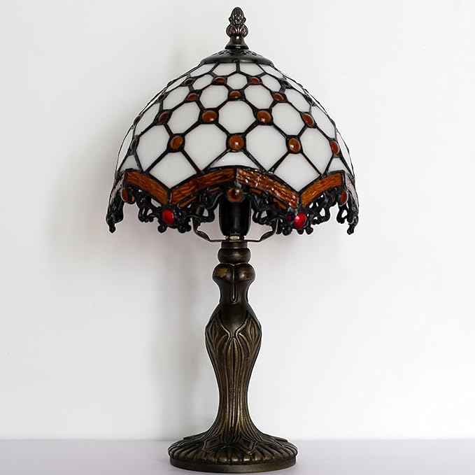 Tiffany Style Lamp Stained Glass Table Lamp 8 x 14.5” Mini Accent Light Phoenix Tail Beads Design Small Decorative Bedside Reading Memory Lamp