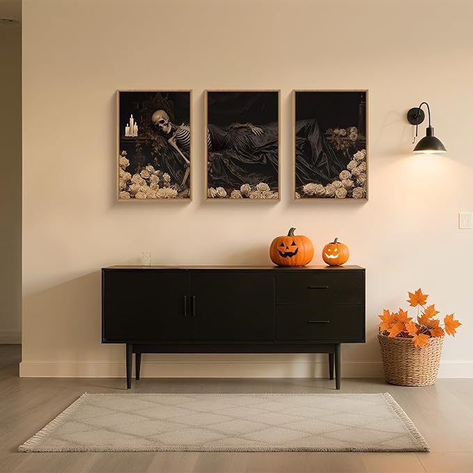 Spooky Halloween Dark Gothic Skull Framed Canvas Wall Art Set,Vintage Skeleton Wall Decor,Moody White Roses Candle with Silk Drape Artwork for Living Room,Bedroom,Farmhouse-24 x36 x3