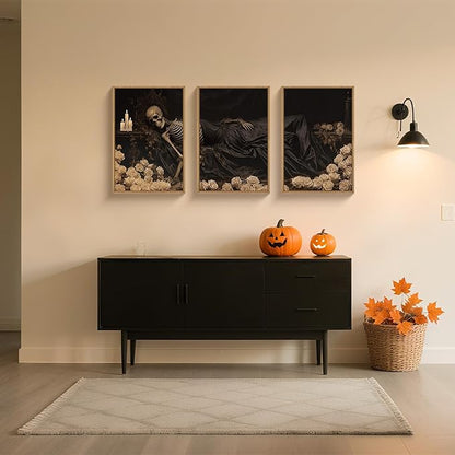 Spooky Halloween Dark Gothic Skull Framed Canvas Wall Art Set,Vintage Skeleton Wall Decor,Moody White Roses Candle with Silk Drape Artwork for Living Room,Bedroom,Farmhouse-24 x36 x3