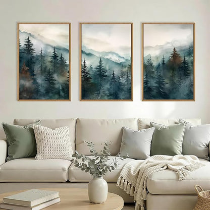 KAIRNE Watercolor Misty Forest Framed Canvas Wall Art Set, Nature Landscape Wall Decor, Foggy Mountain Pine Trees Wall Painting, Jungle Scenery Artwork for Living Room, Bedroom, Office-16 x24 x3