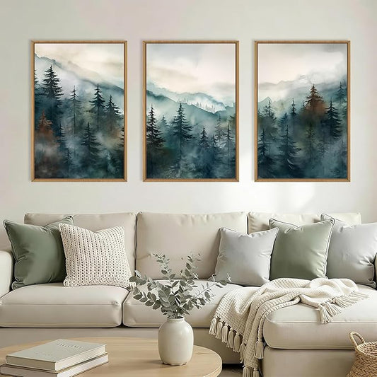 KAIRNE Watercolor Misty Forest Framed Canvas Wall Art Set, Nature Landscape Wall Decor, Foggy Mountain Pine Trees Wall Painting, Jungle Scenery Artwork for Living Room, Bedroom, Office-16 x24 x3