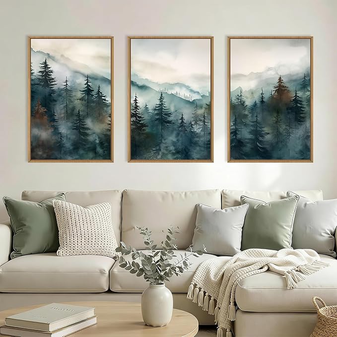 KAIRNE Watercolor Misty Forest Framed Canvas Wall Art Set, Nature Landscape Wall Decor, Foggy Mountain Pine Trees Wall Painting, Jungle Scenery Artwork for Living Room, Bedroom, Office-24 x36 x3