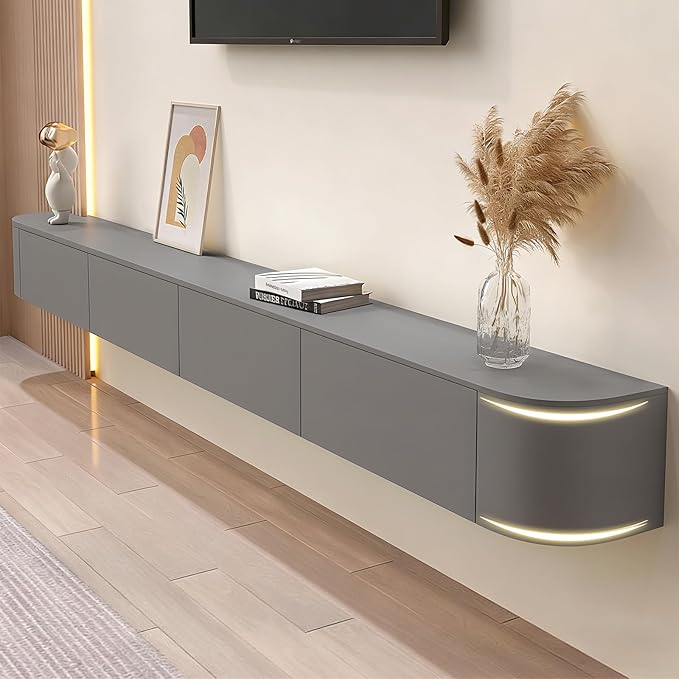 94.5" Floating TV Stand Fully Assembled, Wall Mounted Entertainment Center Media Console Cabinet with Curved Edge, Floating TV Console Table with Storage Drawers & Door, for Living Room TVs