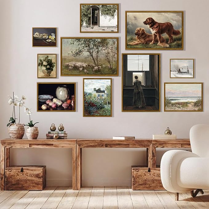 crmotu Vintage Framed Wall Art, Animal Landscape Canvas Prints, Prairie Sheep Rustic Farmhouse Decor Pictures, French Country Retro Paintings Wall Decor Living Room Bedroom Bathroom Kitchen 20x30in