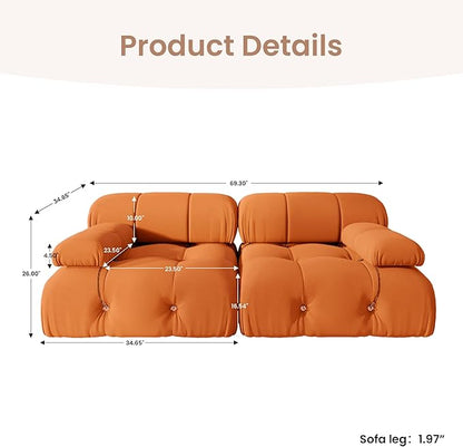 69'' Modular Sectional Sofa, Modern Luxury Velvet Loveseat Sofa, Minimalist Bubble Couch, Deep Seat Cloud Sectional Couches for Living Room, Apartment (2 Seats, Orange)